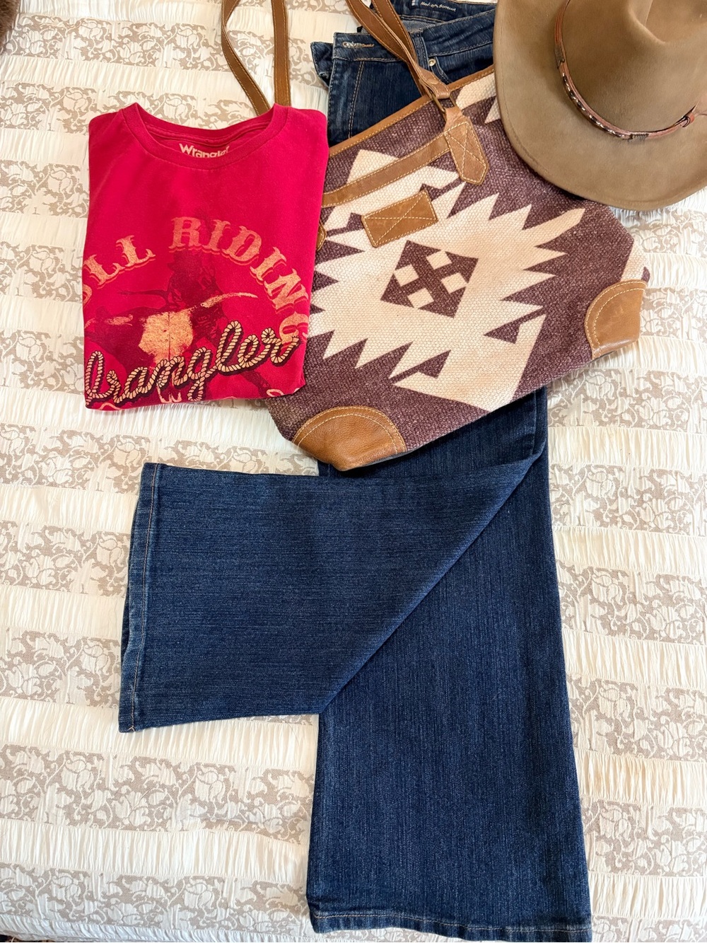 Country bundle featuring Lrg. Myra Bag, bell leg jeans 14p, wrangler T size XL